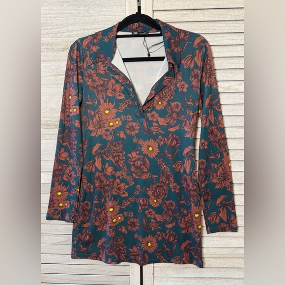 Zara Floral Long Sleeve Mini Dress - Green and Brown. NWOT. Boho. Poly/Stretch - Picture 7 of 11